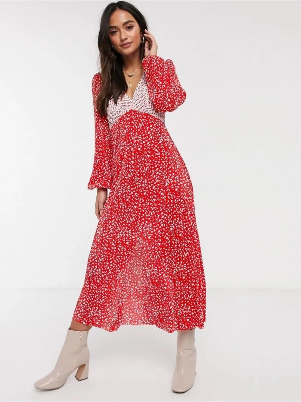 ASOS Red and White Floral Lace-Trim Maxi Dress
